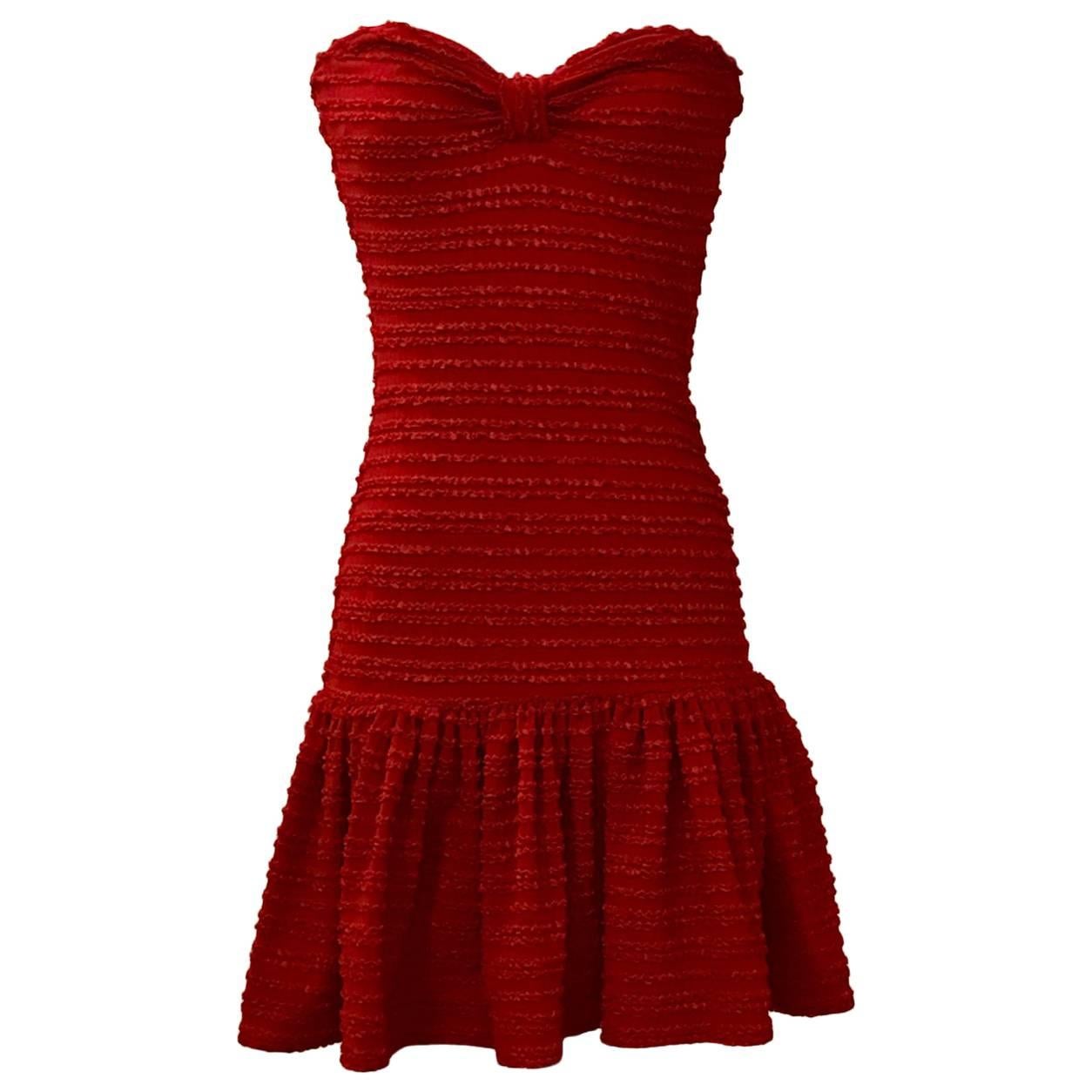 Patrick Kelly Vintage Red Strapless Ruffle Skirt Tube Sun Dress, 1980s 