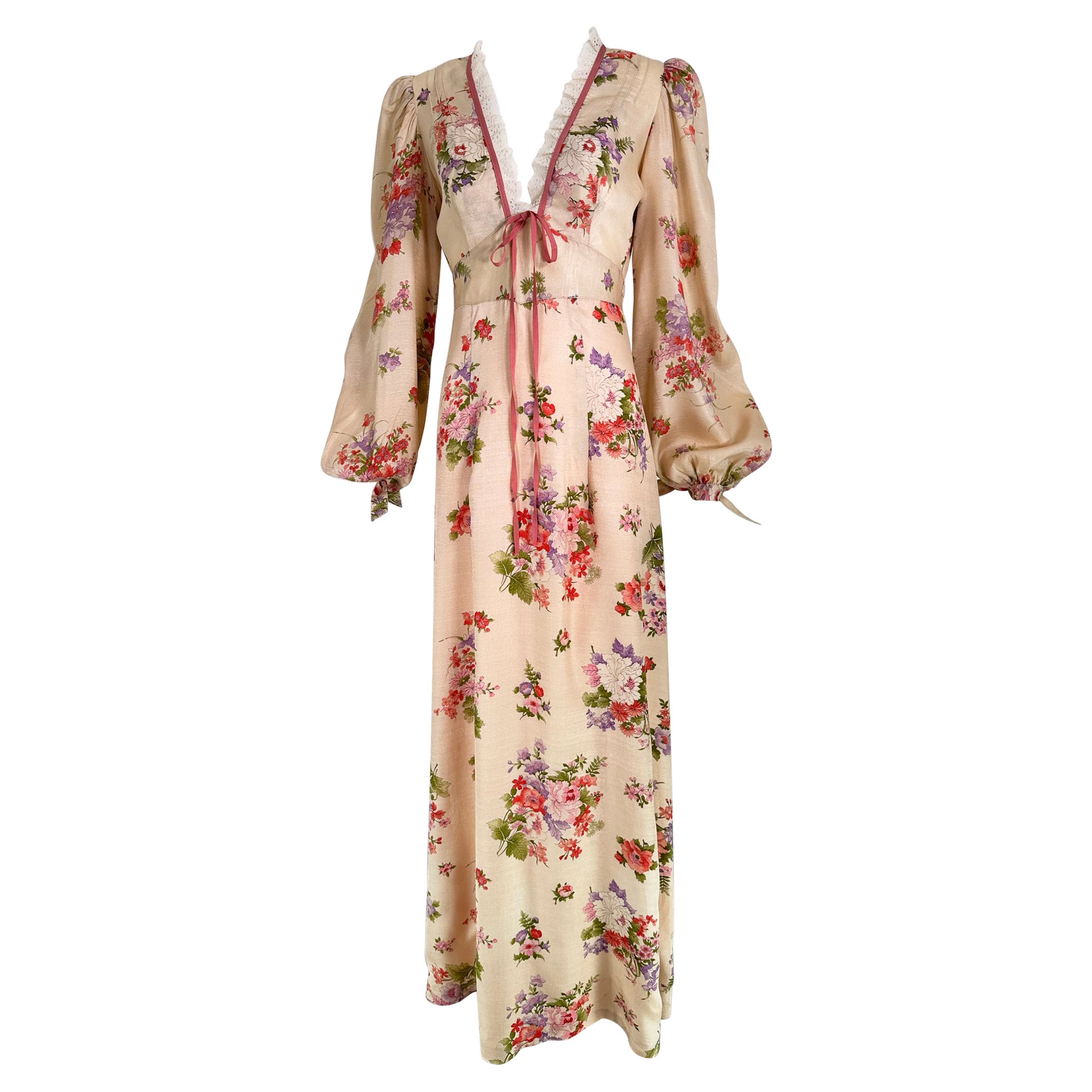 Mini Max of California Floral Print Bohemian Bishop Sleeve Maxi Dress 1960s  For Sale