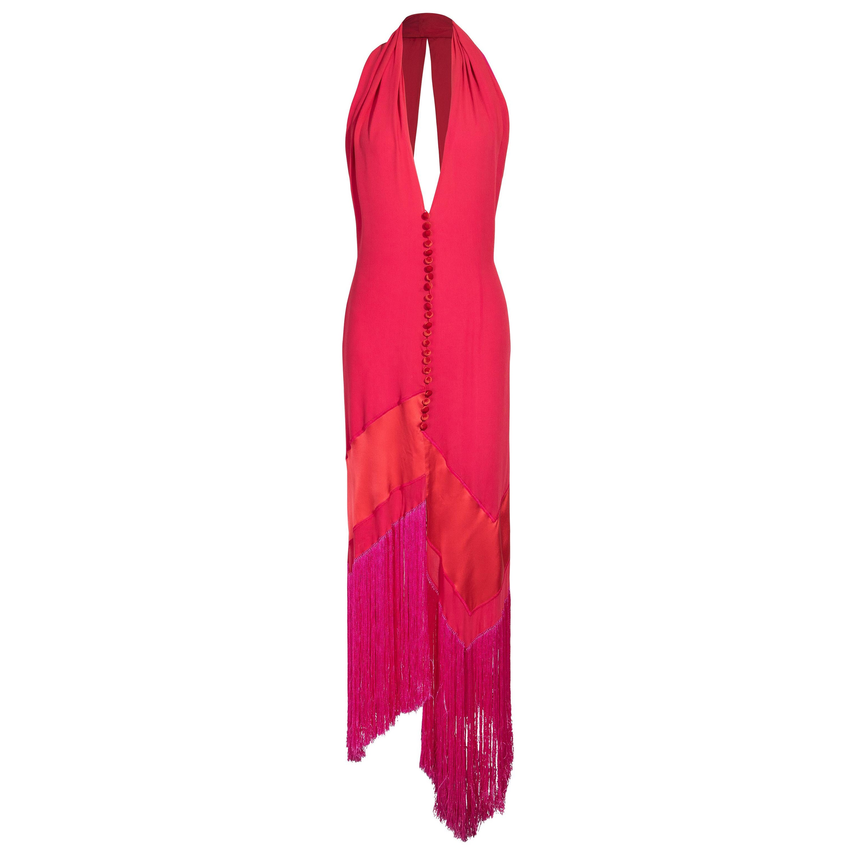 1980's Gianfranco Ferre Red Silk Midi Dress with Hot Pink Fringe For Sale