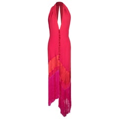 1980's Gianfranco Ferre Red Silk Midi Dress with Hot Pink Fringe