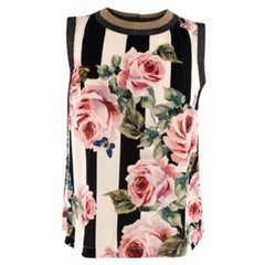 Dolce & Gabbana Black & White Striped Rose Print Sleeveless Top