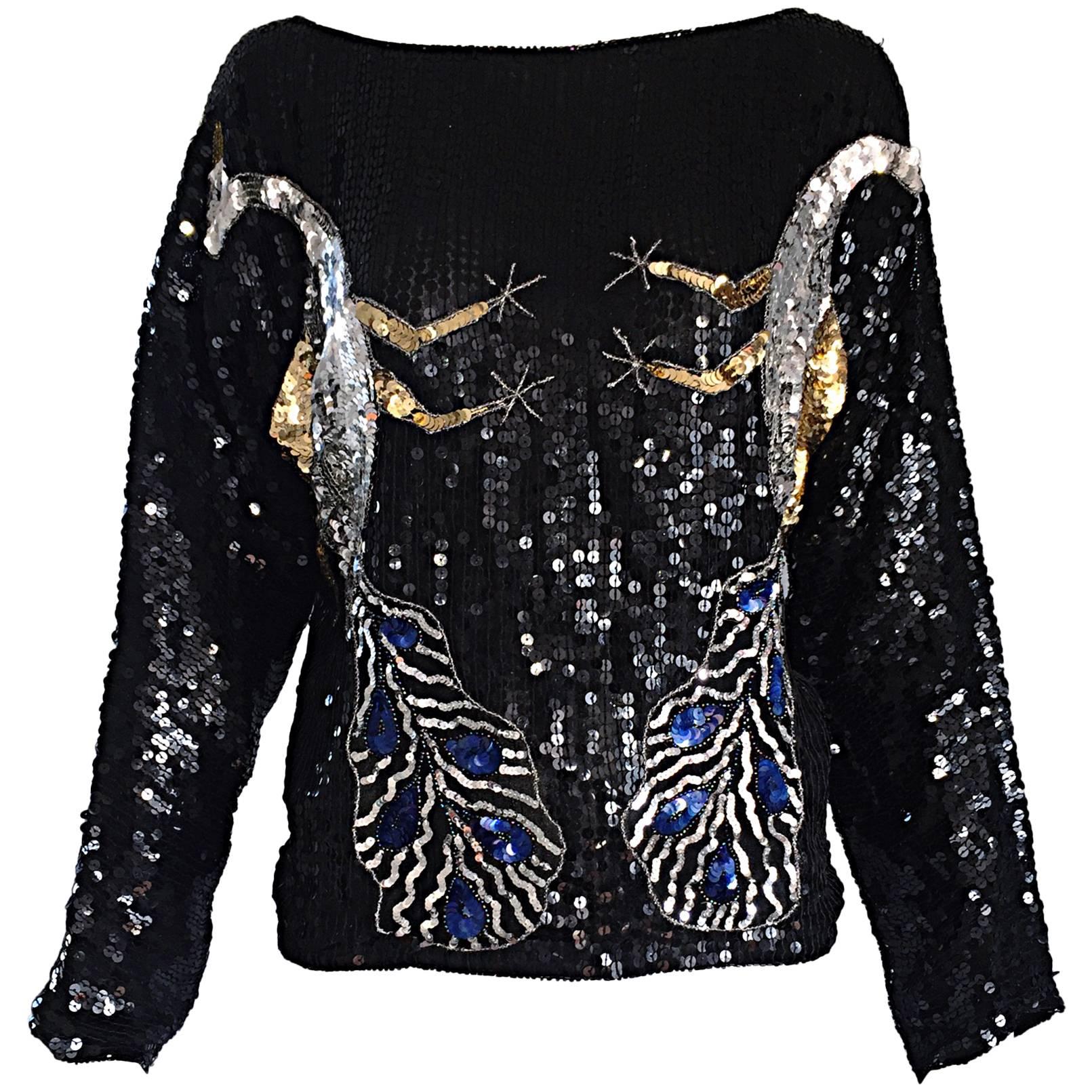 Amazing Vintage Fully Sequined ' Peacocks ' Black Silk Long SLeeve Blouse Top 