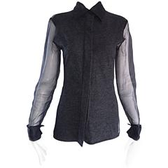Vintage Gianfranco Ferre 1990s Charcoal Grey Wool + Chiffon Long SLeeve Blouse 12