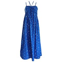 Bill Tice For I Magnin 1970s Hand Painted Blue + White 70s Halter Maxi Dress 1