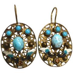 1920s Brass, Enamel and Turquoise Glass Earrings