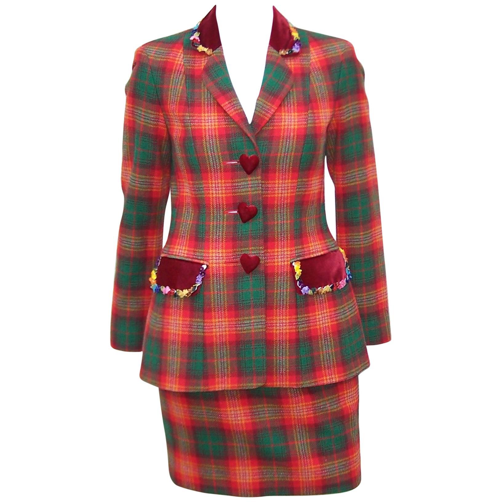 Adorable 1990's Moschino Plaid Skirt Suit With Velvet Heart Buttons