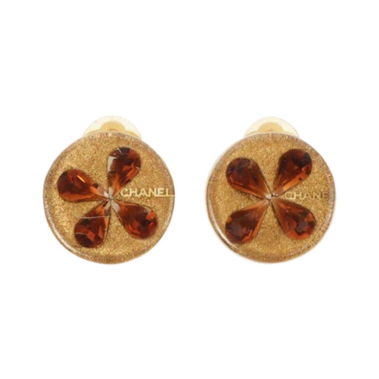 Chanel Rhinestone Clover CC Mark Earrings Gold/Brown, 2001 For