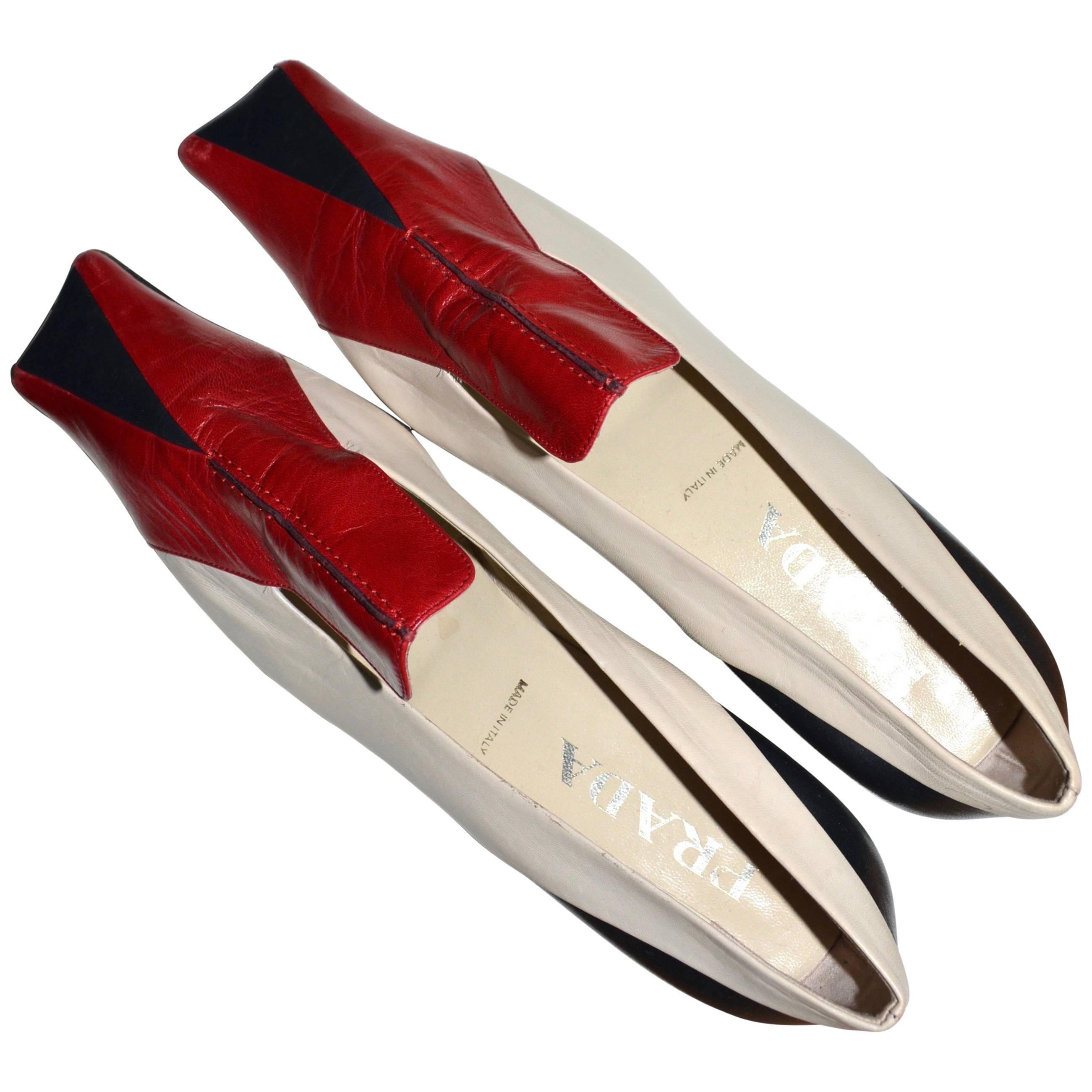 1990s Prada Red, Beige, and Black Kitten Heeled Loafer