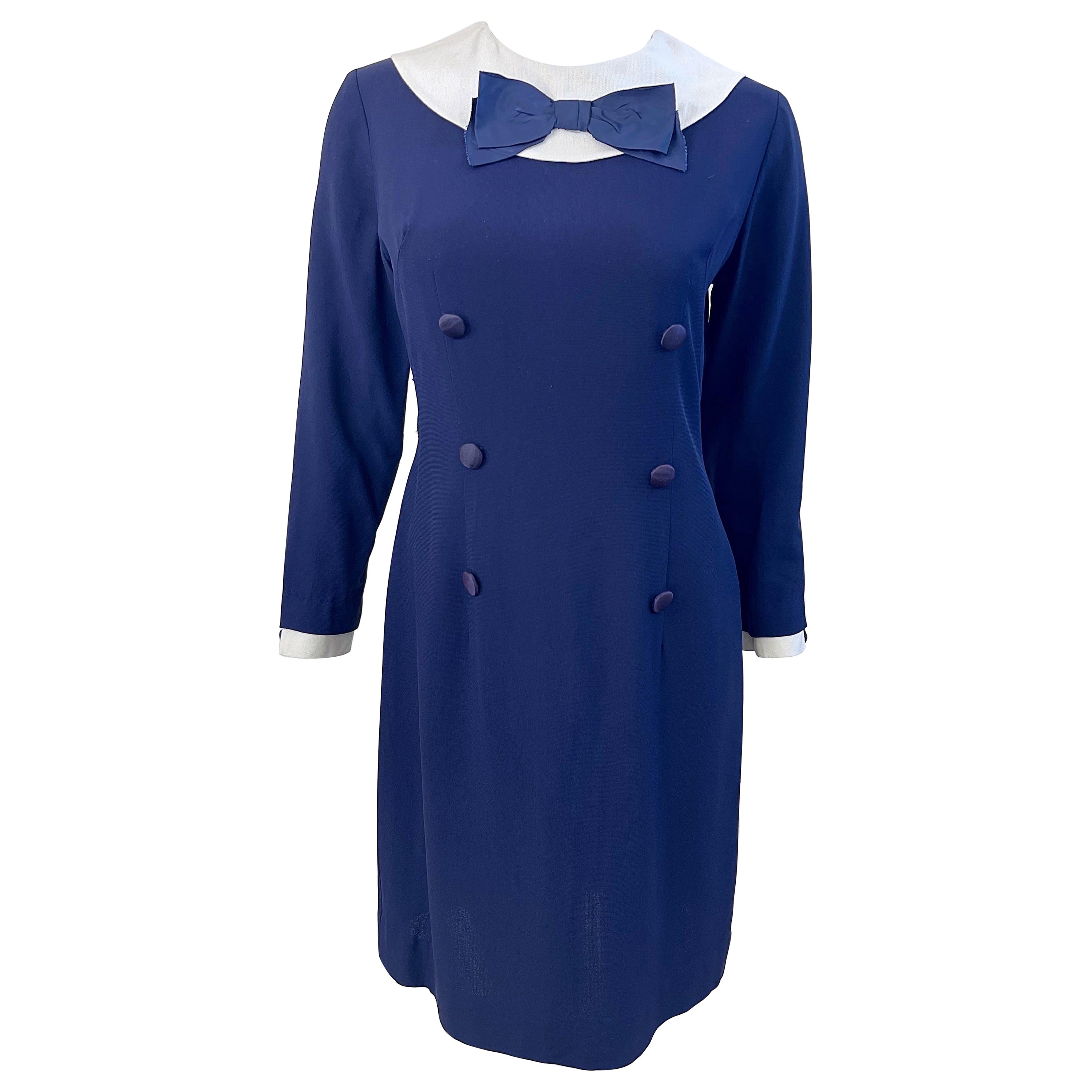 1960er Jahre Nautisches Marineblau + Weiß Langärmliges Seiden Rayon Vintage 60s Kleid im Angebot
