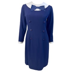 1960s Nautical Navy Blue + White Long Sleeve Silk Rayon Vintage 60s Dress