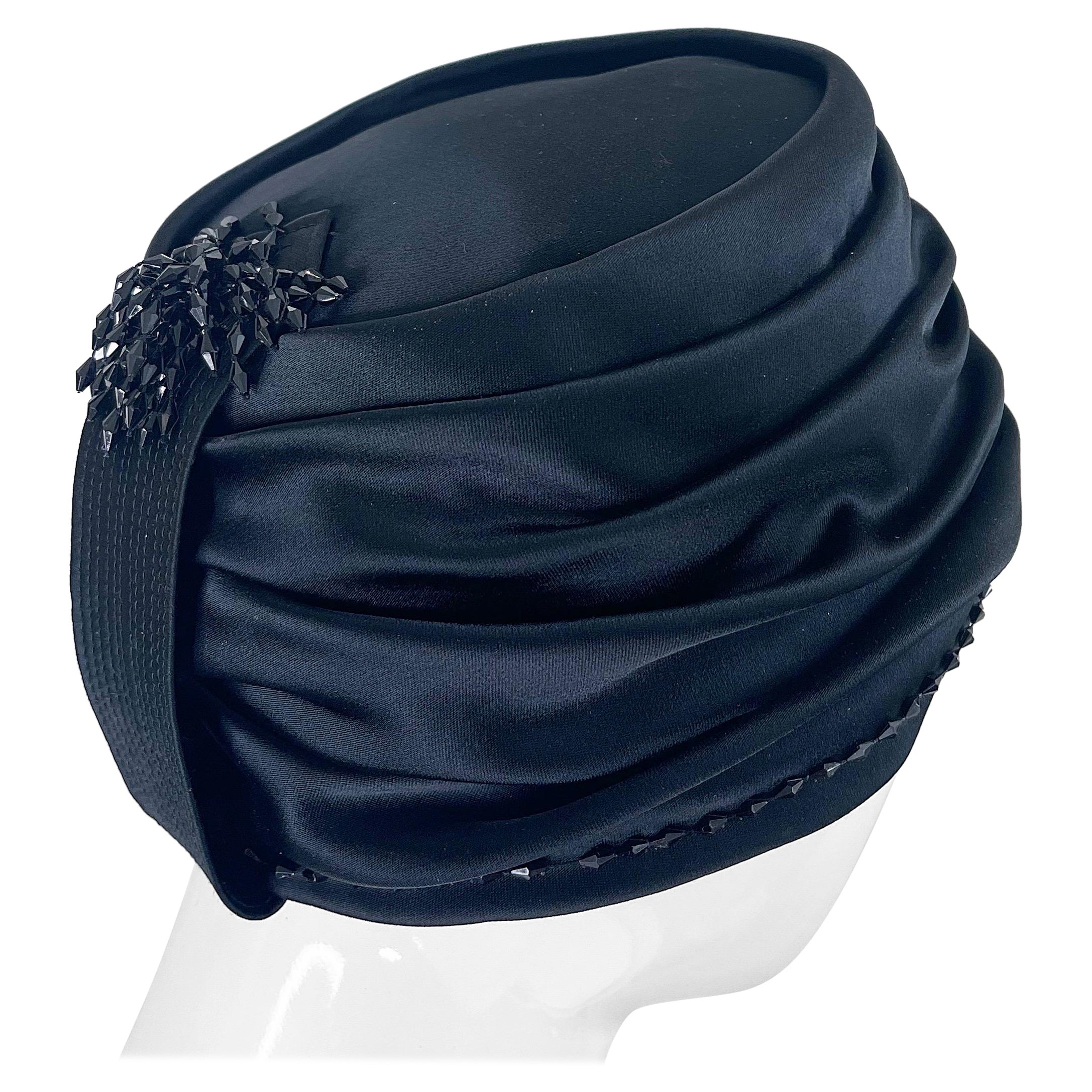 1960s Yves Saint Laurent YSL Black Silk Satin Beaded Vintage 60s Turban Hat For Sale