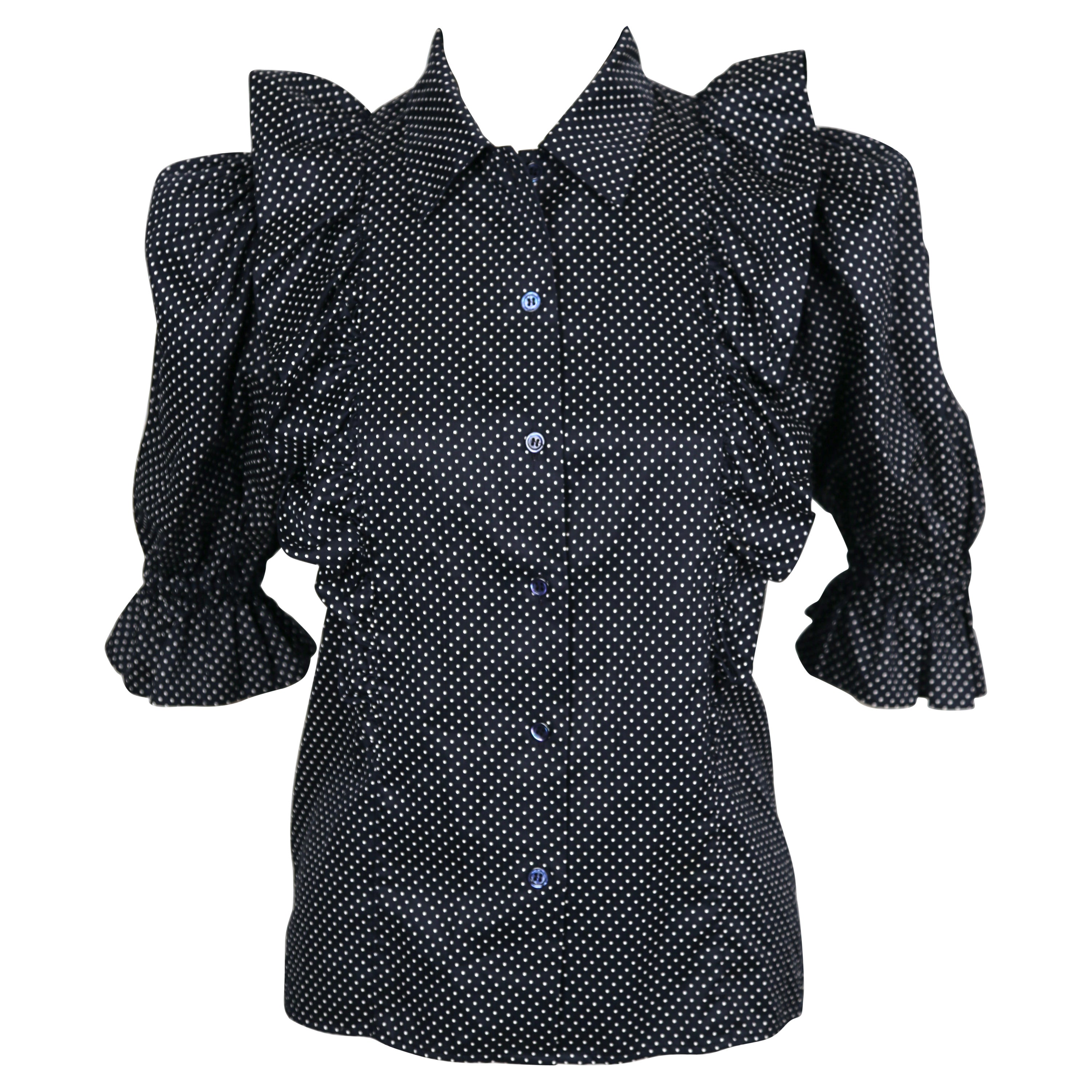 1970's YVES SAINT LAURENT deep navy blue silk blouse with flounced trim For Sale