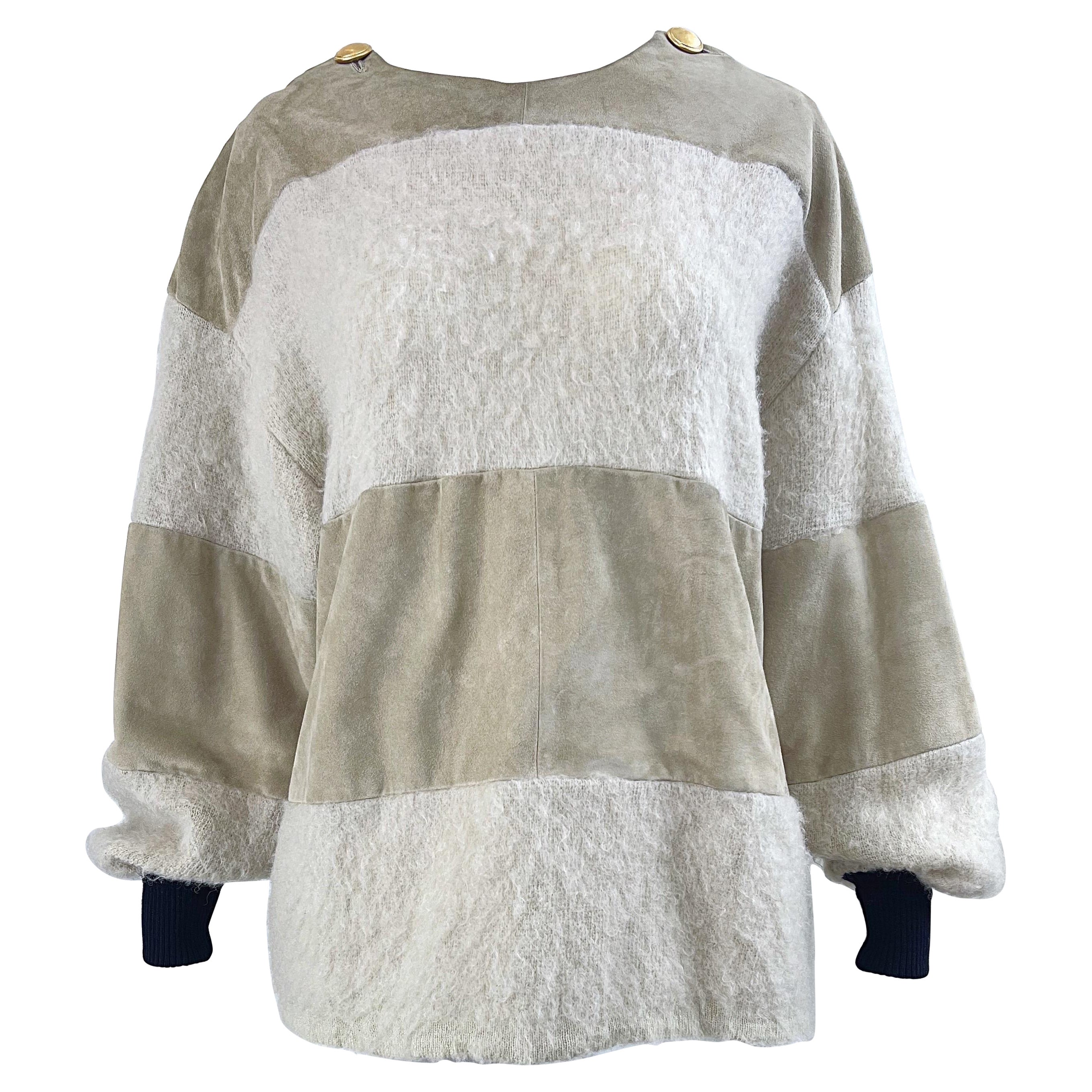 Gianfranco Ferre 1990s Leather Suede + Mohair Tan Nude Vintage 90s Sweater Top For Sale