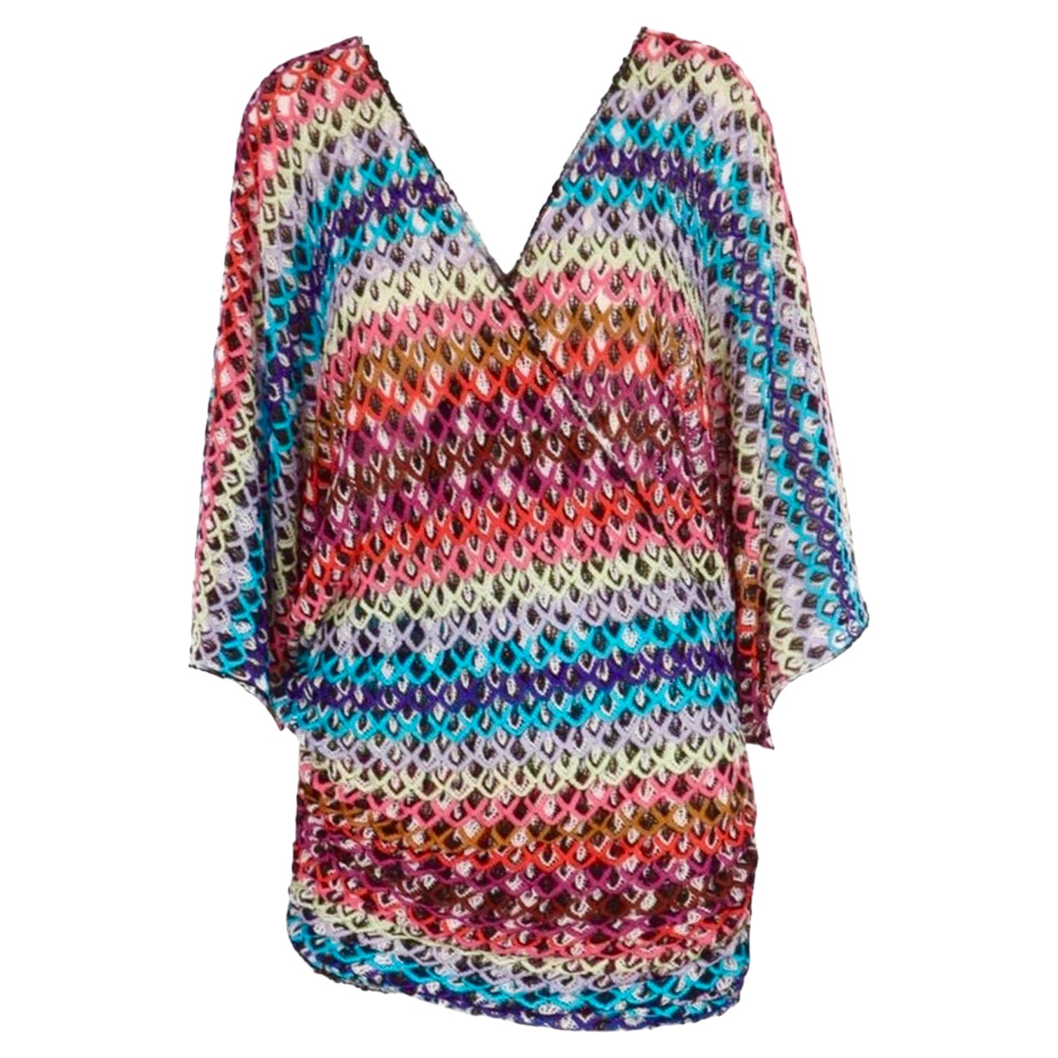 NEW Missoni Multicolor Crochet Knit Mini Kaftan Tunic Dress Cover Up 40 For Sale