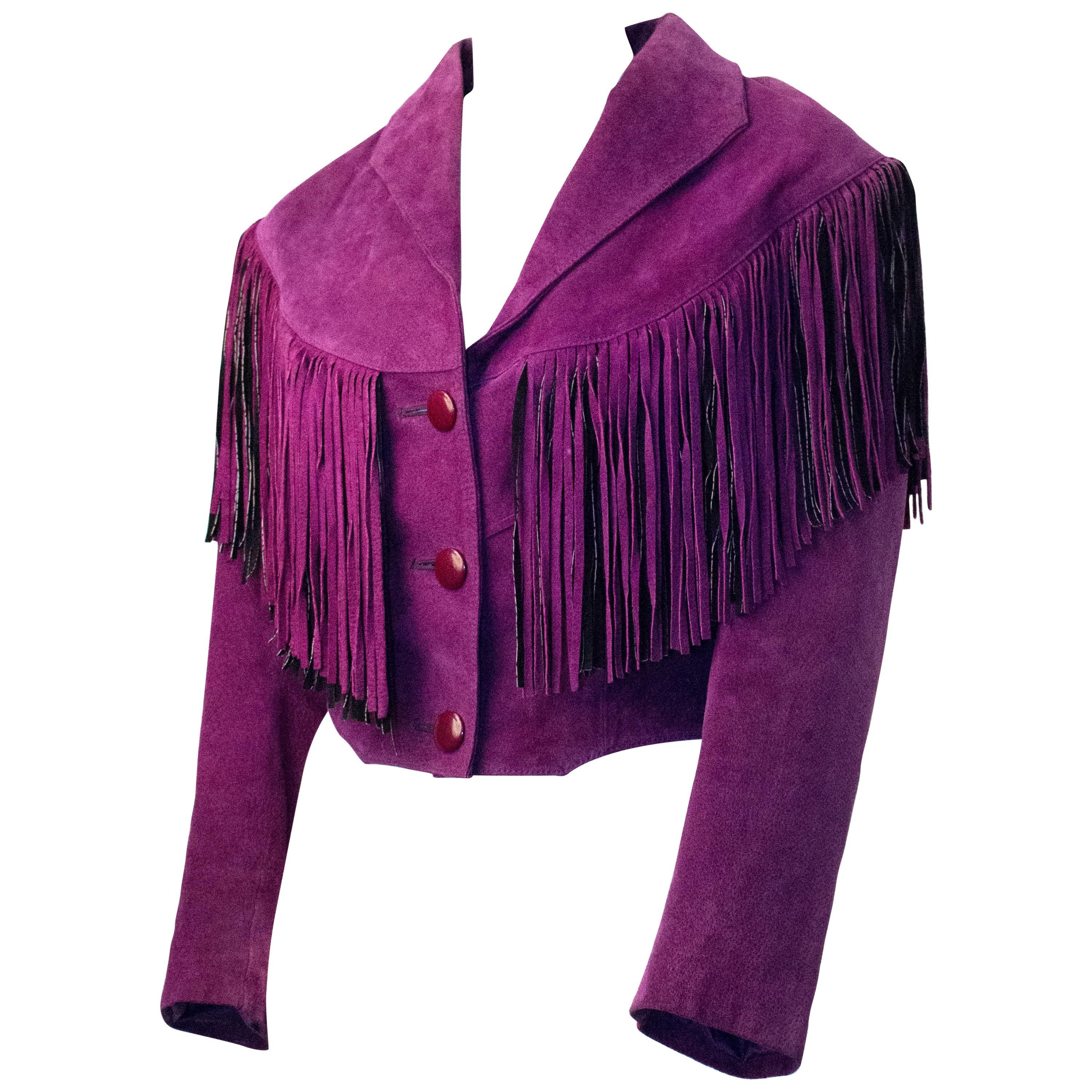 80s Purple Fringed Suede Cropped Jacket 
