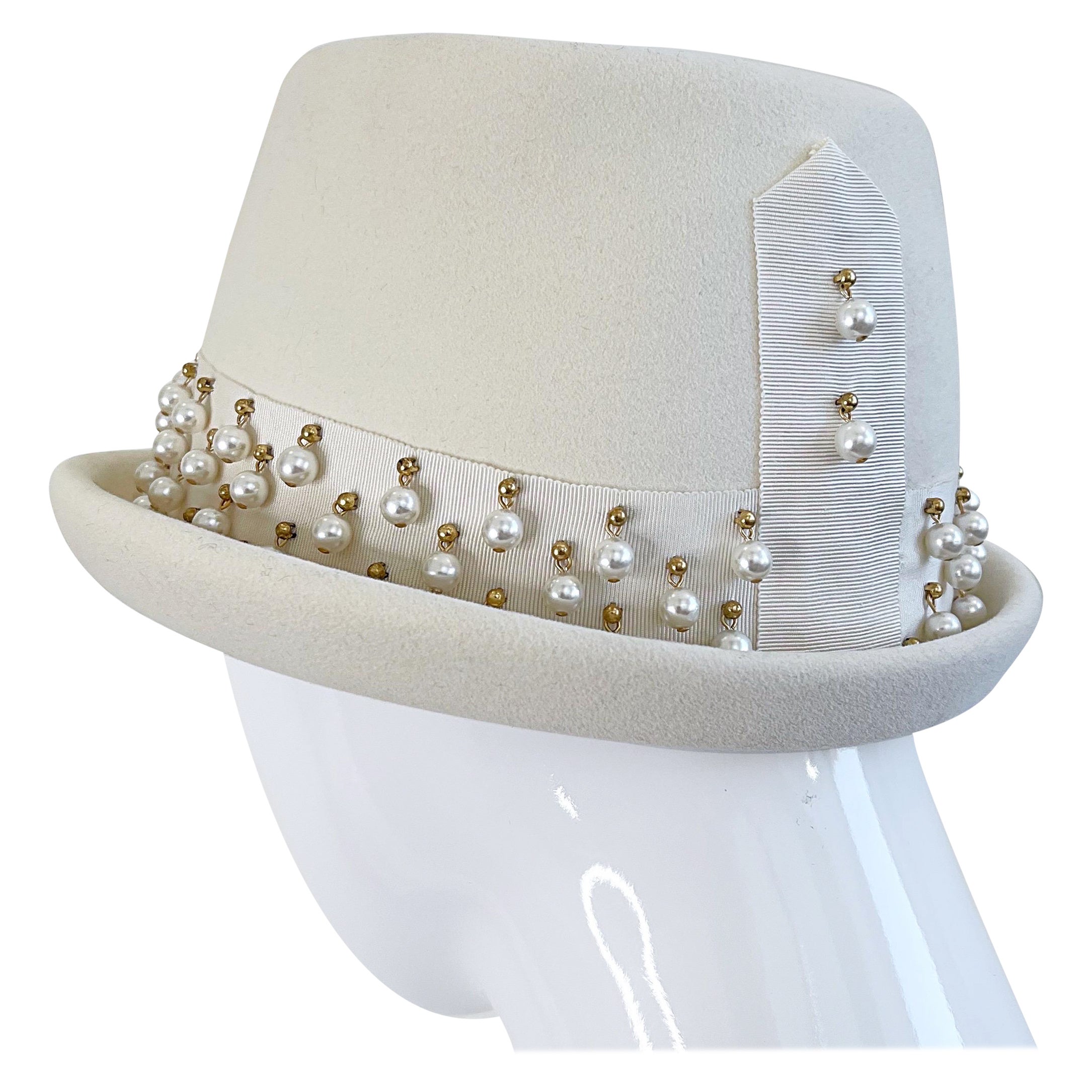 Yves Saint Laurent 1960 Avorio Perle Incrostate Cappello Fedora in Feltro Vintage Anni 60