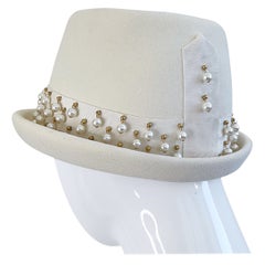 Yves Saint Laurent 1960s Ivory Pearl Bead Encrusted Vintage 60s Felt Fedora Hat