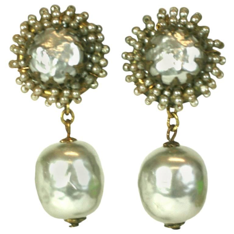 Miriam Haskell Seed Pearl Pendant Earclips For Sale