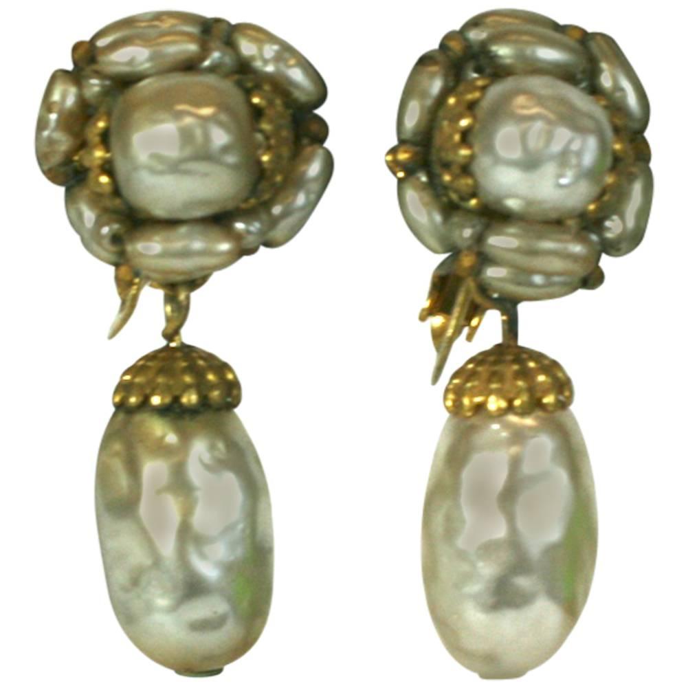 Miriam Haskell Pearl and Gilt Pendant Earclips