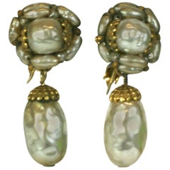 Miriam Haskell Pearl and Gilt Pendant Earclips