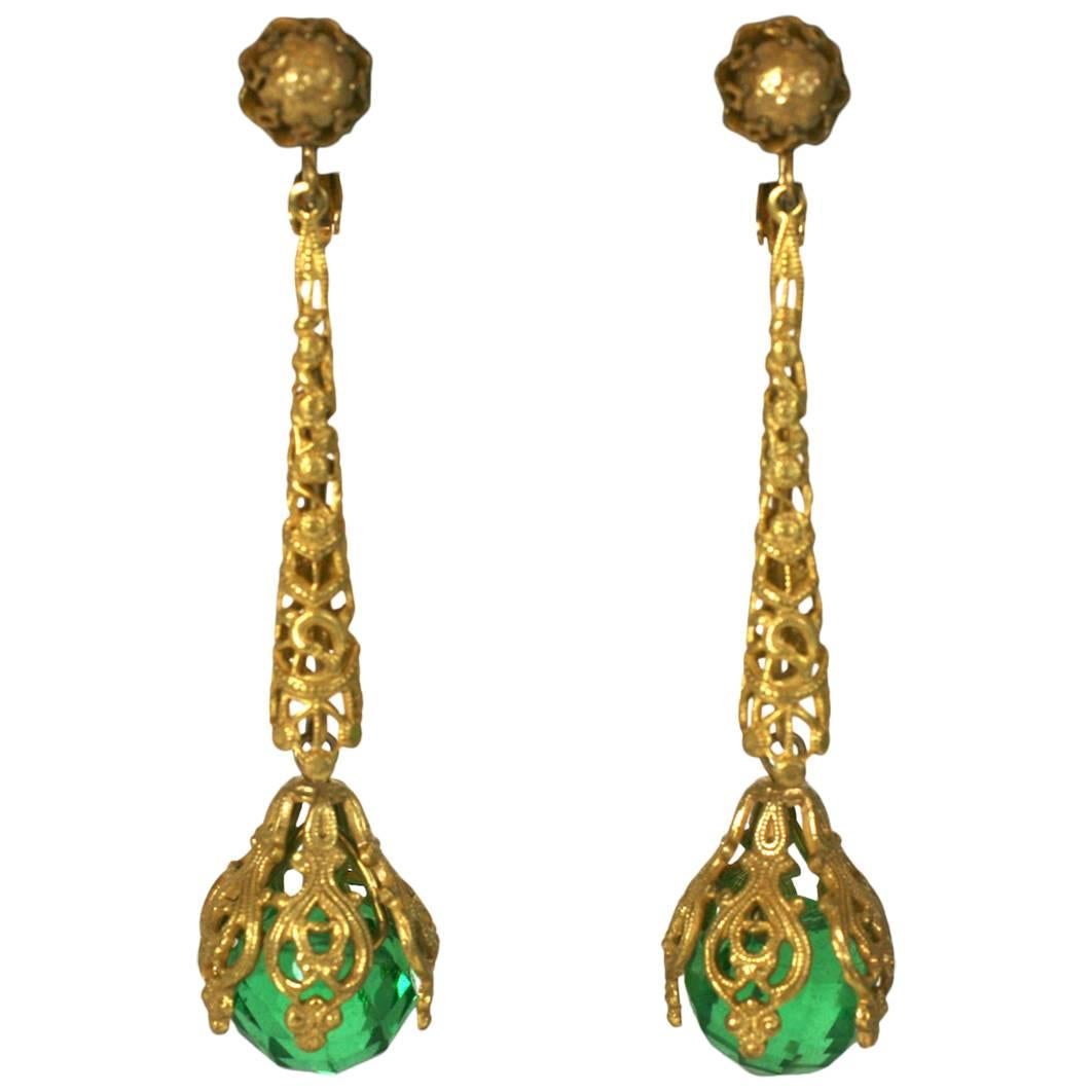 Miriam Haskell Faceted Faux Emerald Long Earrings For Sale