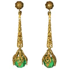 Retro Miriam Haskell Faceted Faux Emerald Long Earrings