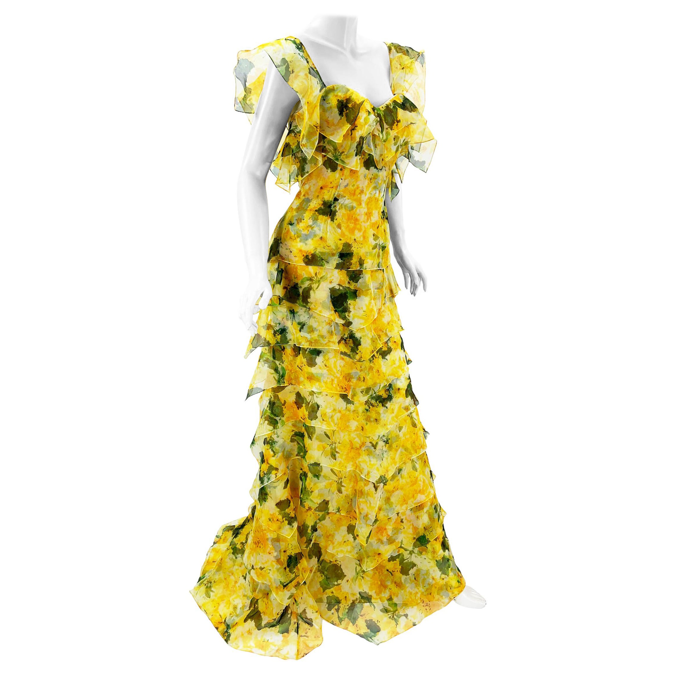 NWT $6790 Oscar de la Renta S/S 2014 Silk Yellow Tiered Corset Maxi Dress US 10 For Sale