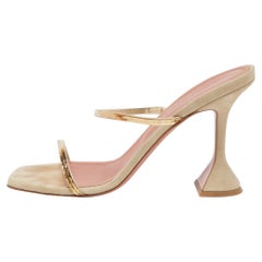 Amina Muaddi Gold/Grey Leather and Suede Gilda Slide Sandals Size 39