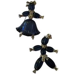 Pair 1940s Rhodium and Faux Sapphire TRIFARI Rag Doll Pins/Brooches