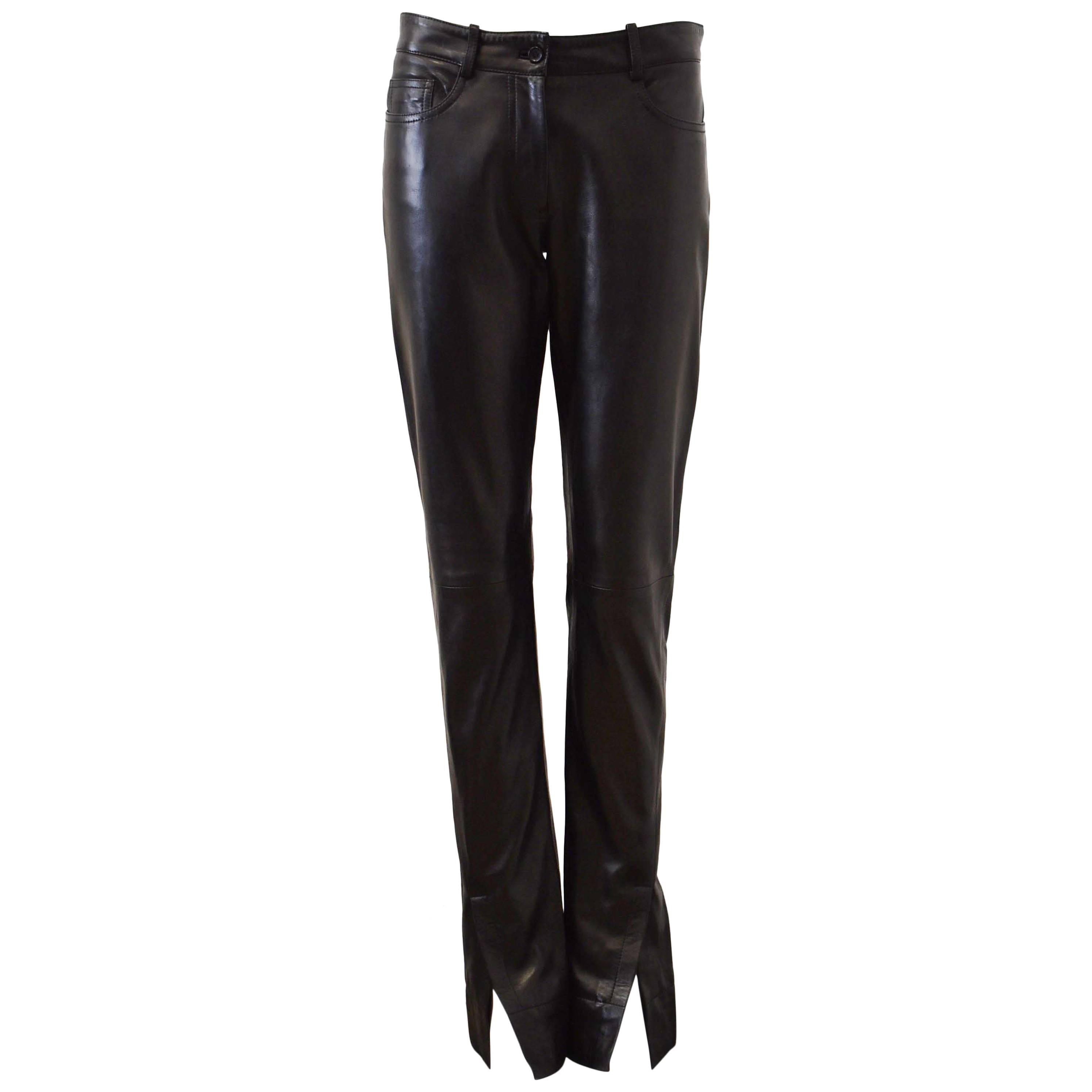 Celine Soft Black Leather Trousers with Side Slit Details