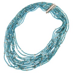 Halskette aus Türkis, Rohdiamant und Perle mit Saatperlen