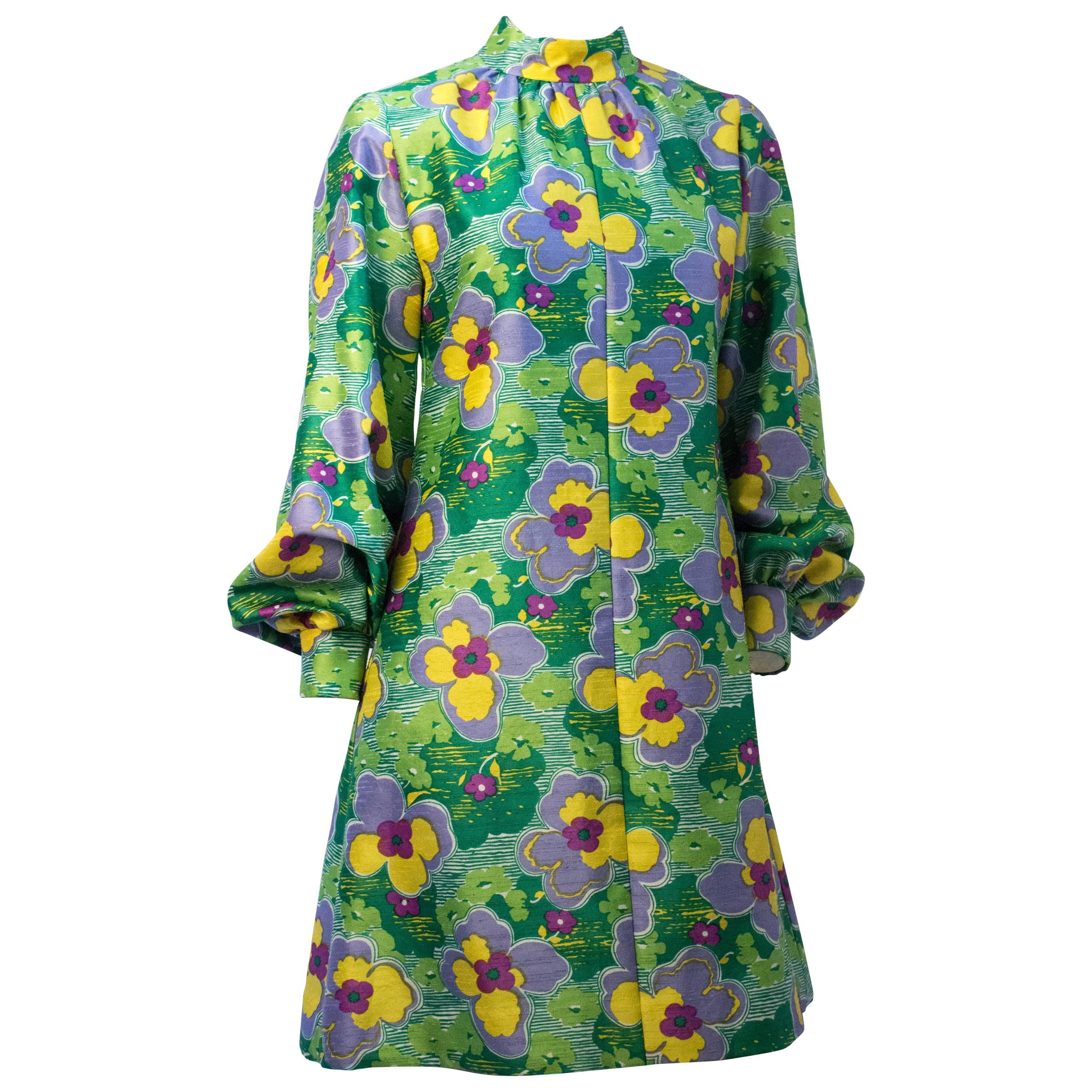 60s Green & Purple Flower Bishop Sleeve Mini Dress  