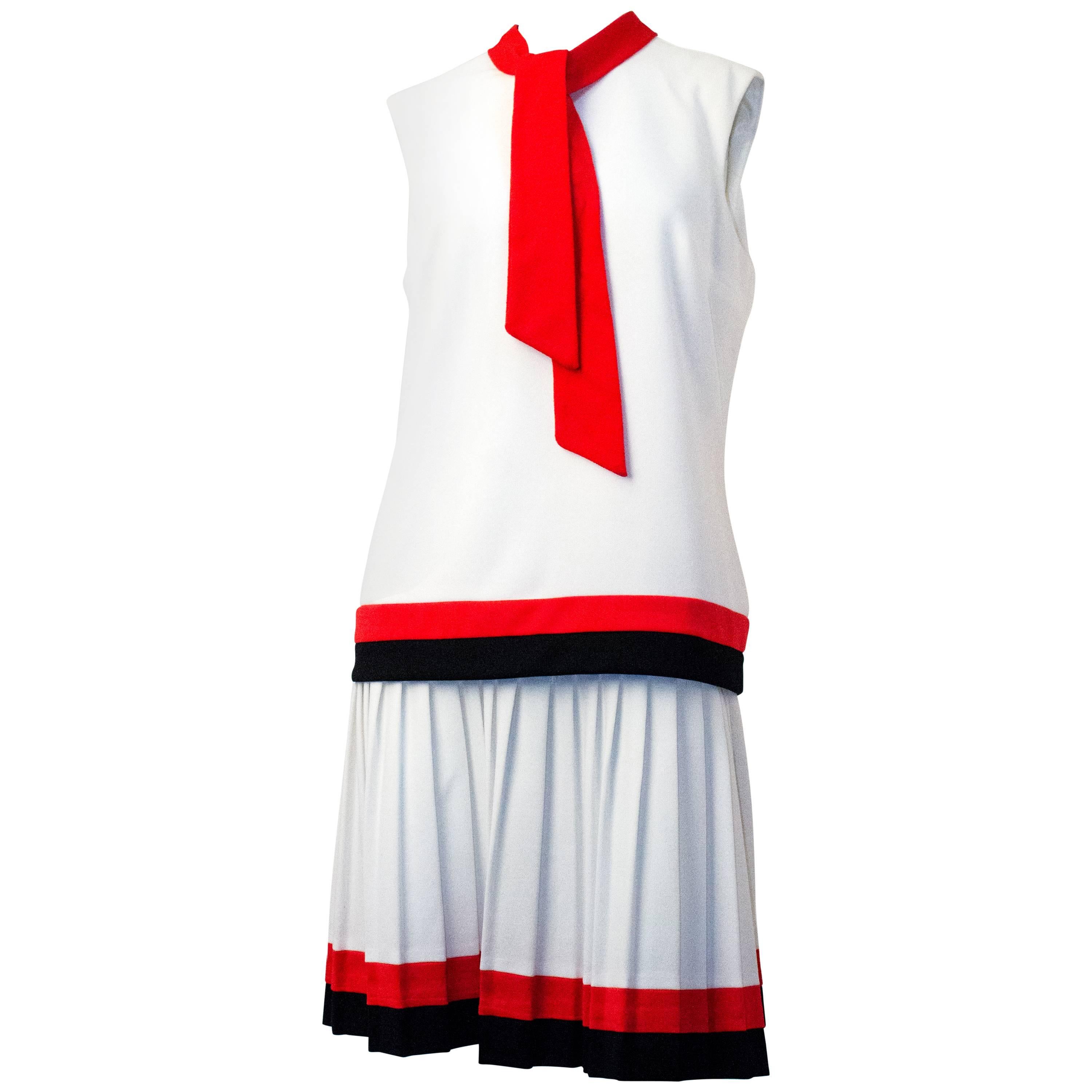 60s White Drop Waist Dress with Pleated Skirt and Red & Black Trim  