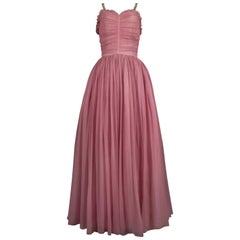 Couture baby pink silk chiffon evening gown with rhinestones, circa ...