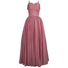 Couture baby pink silk chiffon evening gown with rhinestones, circa early 1940s 11