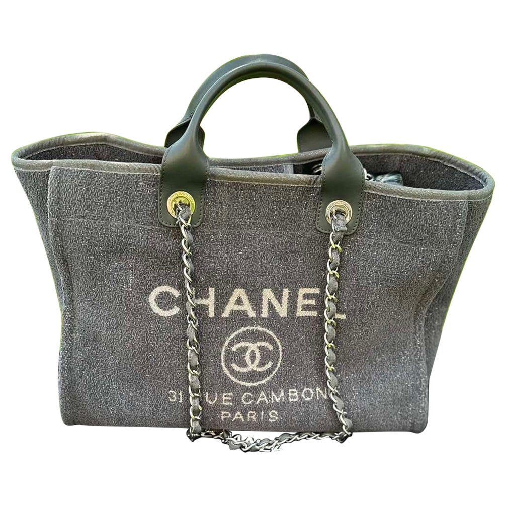 CHANEL Deauville Tote Grey Canvas Large Silver Hardware 2017 - BoutiQi Bags