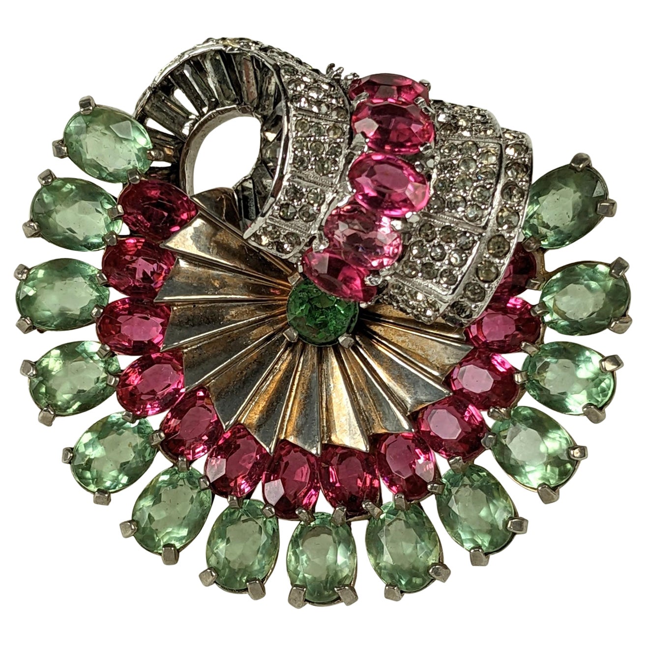 Mazer Retro Pink Green Oval Paste Clip Brooch For Sale