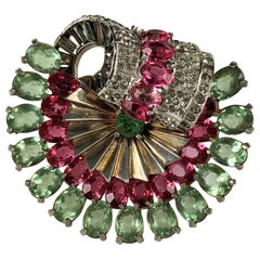Mazer Vintage Pink Green Oval Paste Clip Brooch