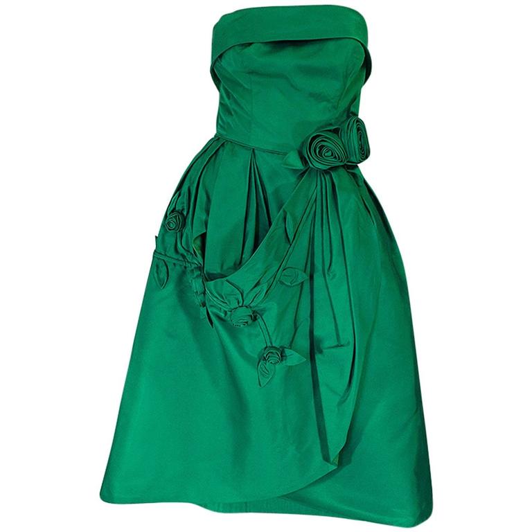 1950s 3D Flower Applique Green Silk Suzy Perette Dress For Sale at 1stdibs