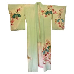Pale Apple Green Fancy Japanese Silk Floral Kimono with gold - see imperfections