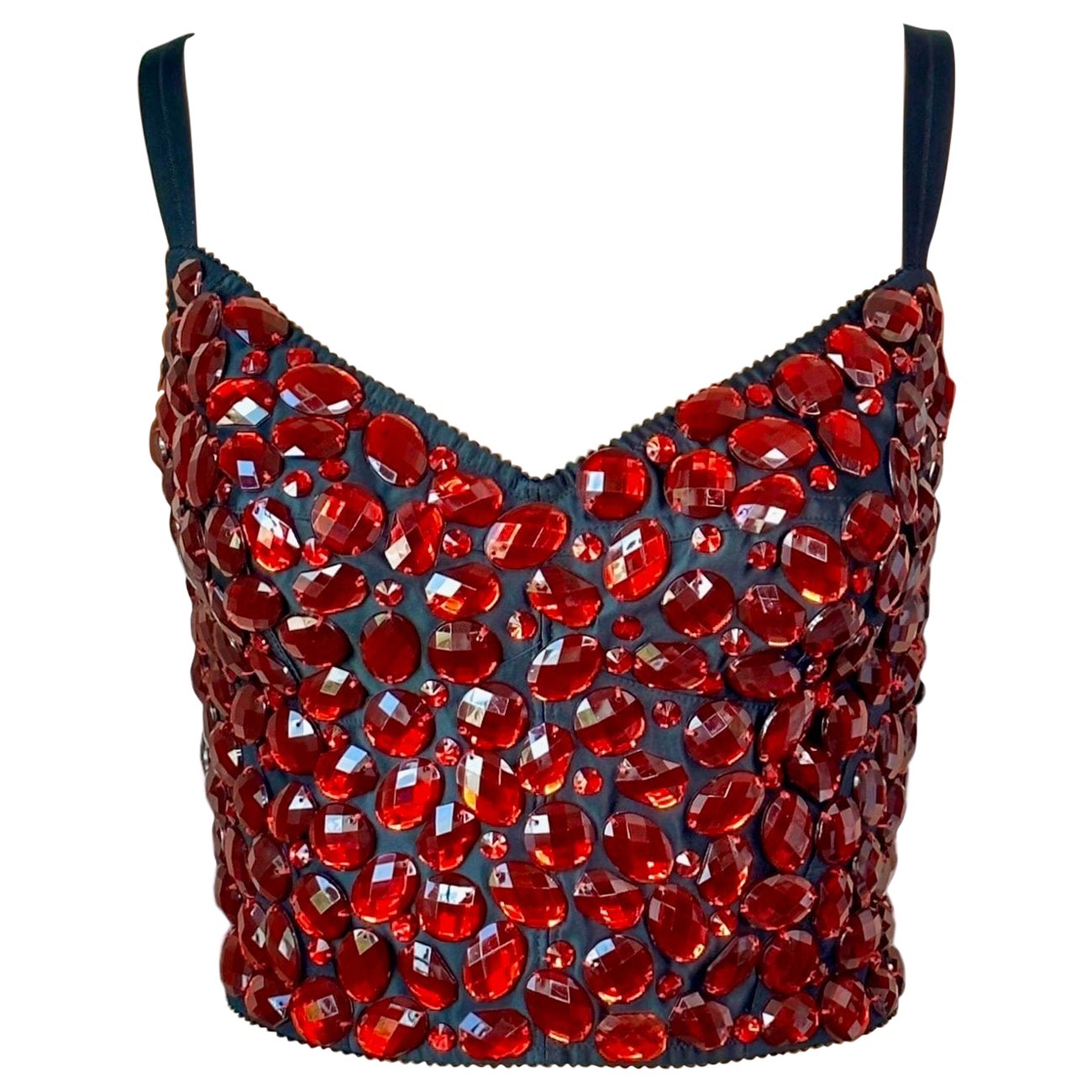 Dolce & Gabbana Unworn Crystal Embellished Beaded Red Bustier Bralette Crop Top For Sale