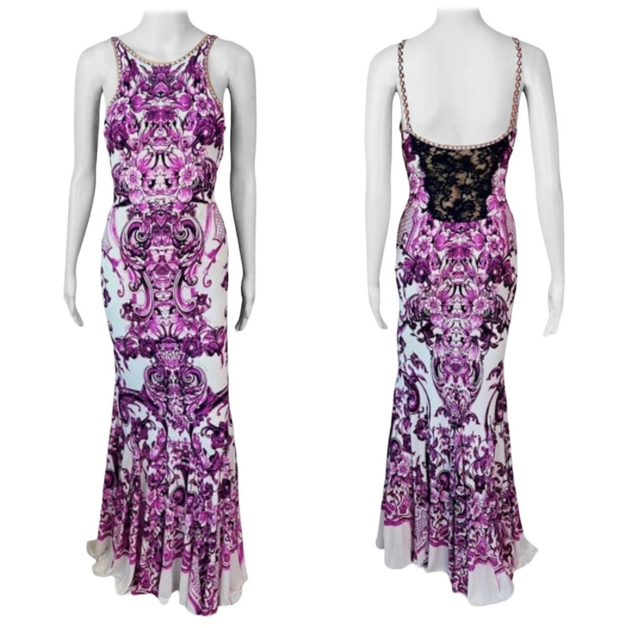 Roberto Cavalli Resort 2013 Chinoiserie Ming-Porzellan-Abendkleid mit durchsichtiger Spitze im Angebot