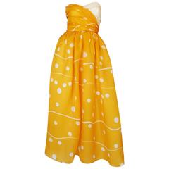 Romantic 1970s Bill Blass Yellow Print Silk Strapless Dress 2
