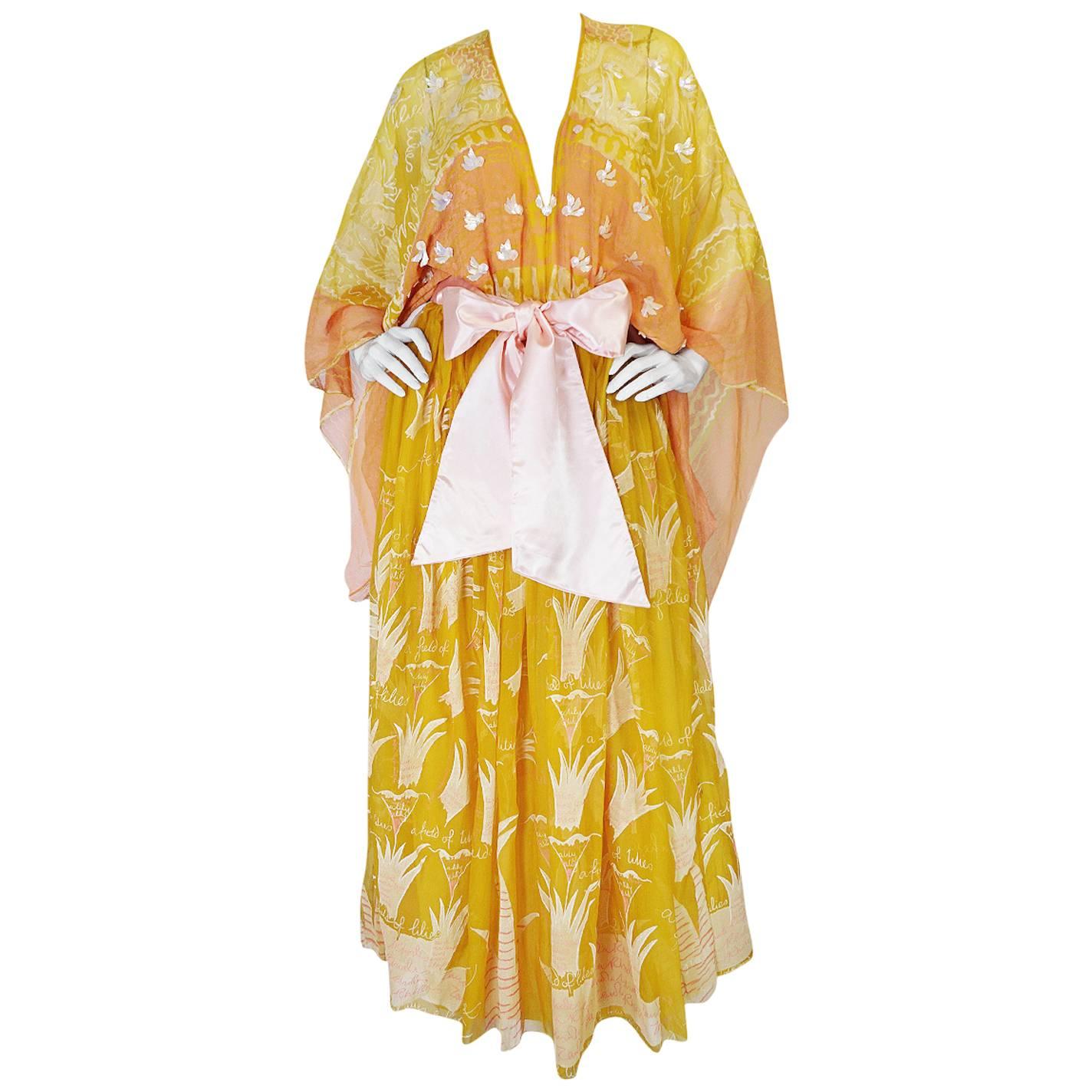 c.1973 Zandra Rhodes "Lilies of the Field" Handpainted Caftan Dress