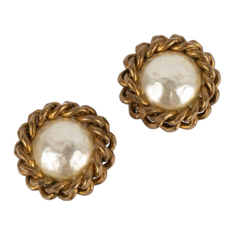 Chanel Gold-Plated Metal Clip Earrings with Pearly Cabochon For Sale