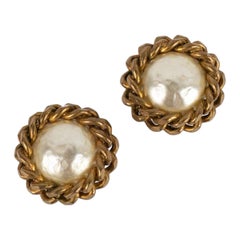 Chanel Gold-Plated Metal Clip Earrings with Pearly Cabochon