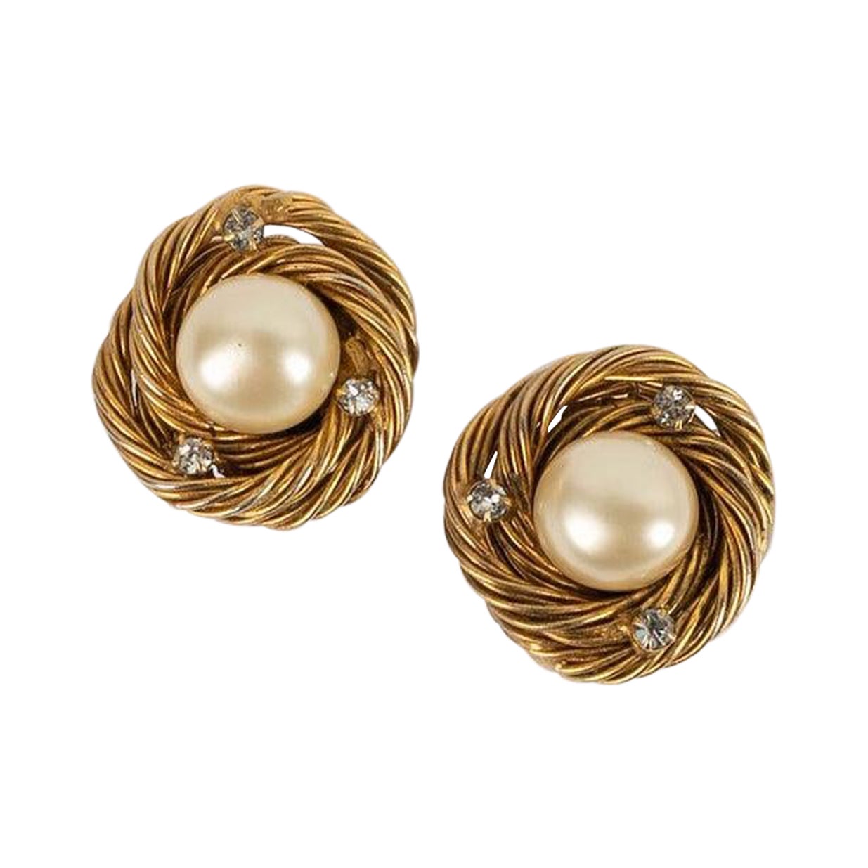 Chanel Earrings Clips in Gold Metal, Mother-of-pearl and Rhinestones For Sale