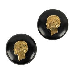 Retro Chanel Earrings in Gold Metal and Black Resin