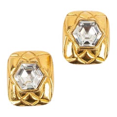 Chanel Quilted Gold Metal and Rhinestone Clip Earrings