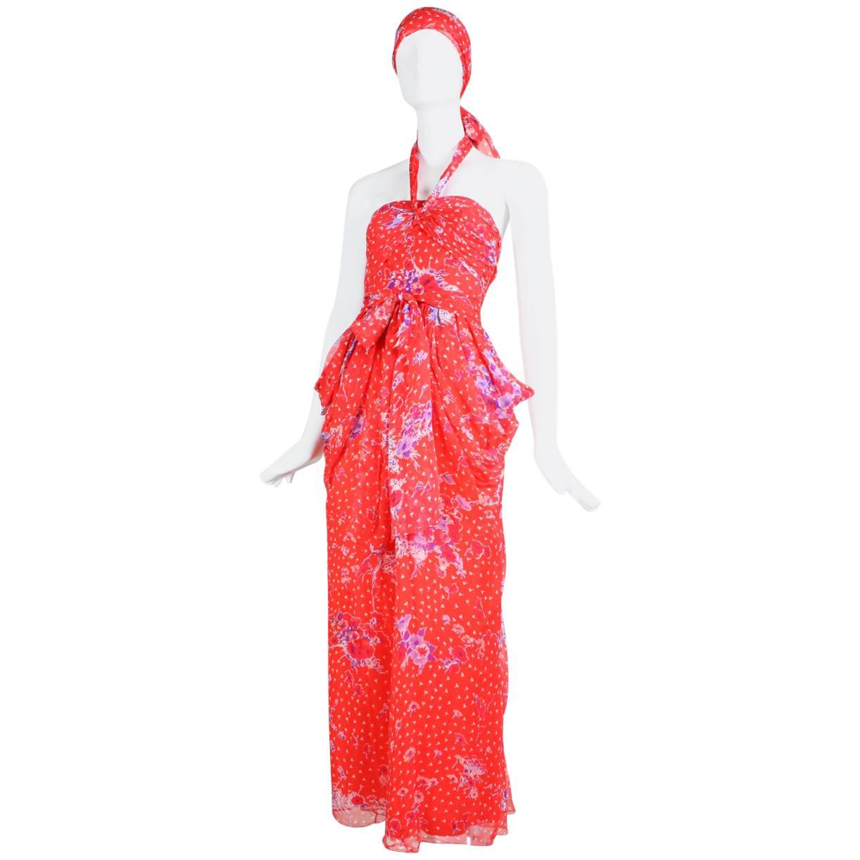 Givenchy Red Floral Silk Chiffon Gown, 1970s For Sale